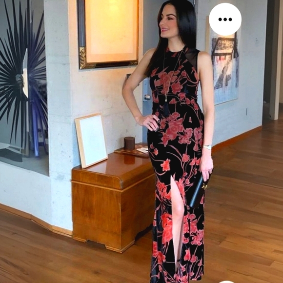 Nwt BCBG Black Velvet / Peach Floral Sleeveless Highslits Maxidress - Picture 13 of 17